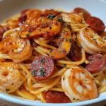 Spaghetti à la Crème de Poivron, Chorizo & Crevettes