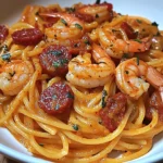 Spaghetti à la Crème de Poivron, Chorizo & Crevettes